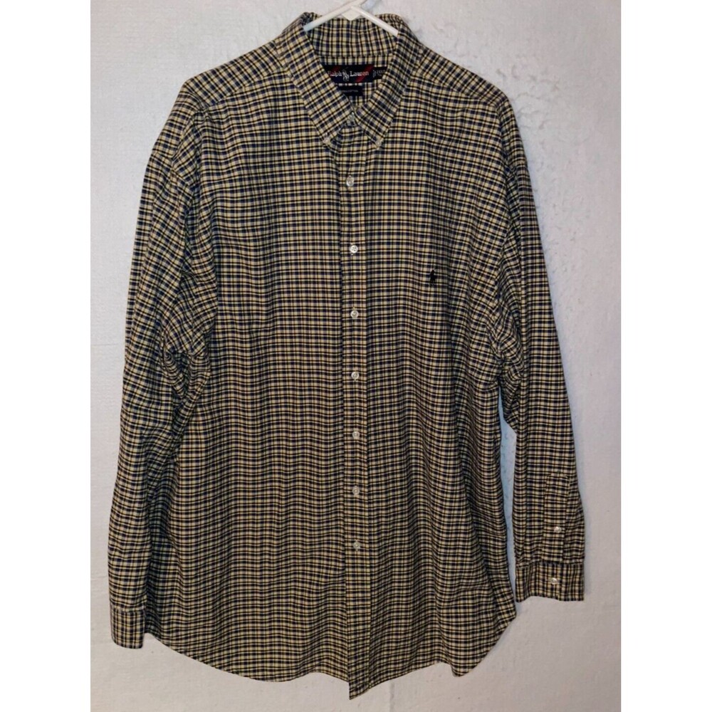 Polo Ralph Lauren Shirt Men's 2XLT Button Down Yellow Blue Pony Tartan VTG TALL